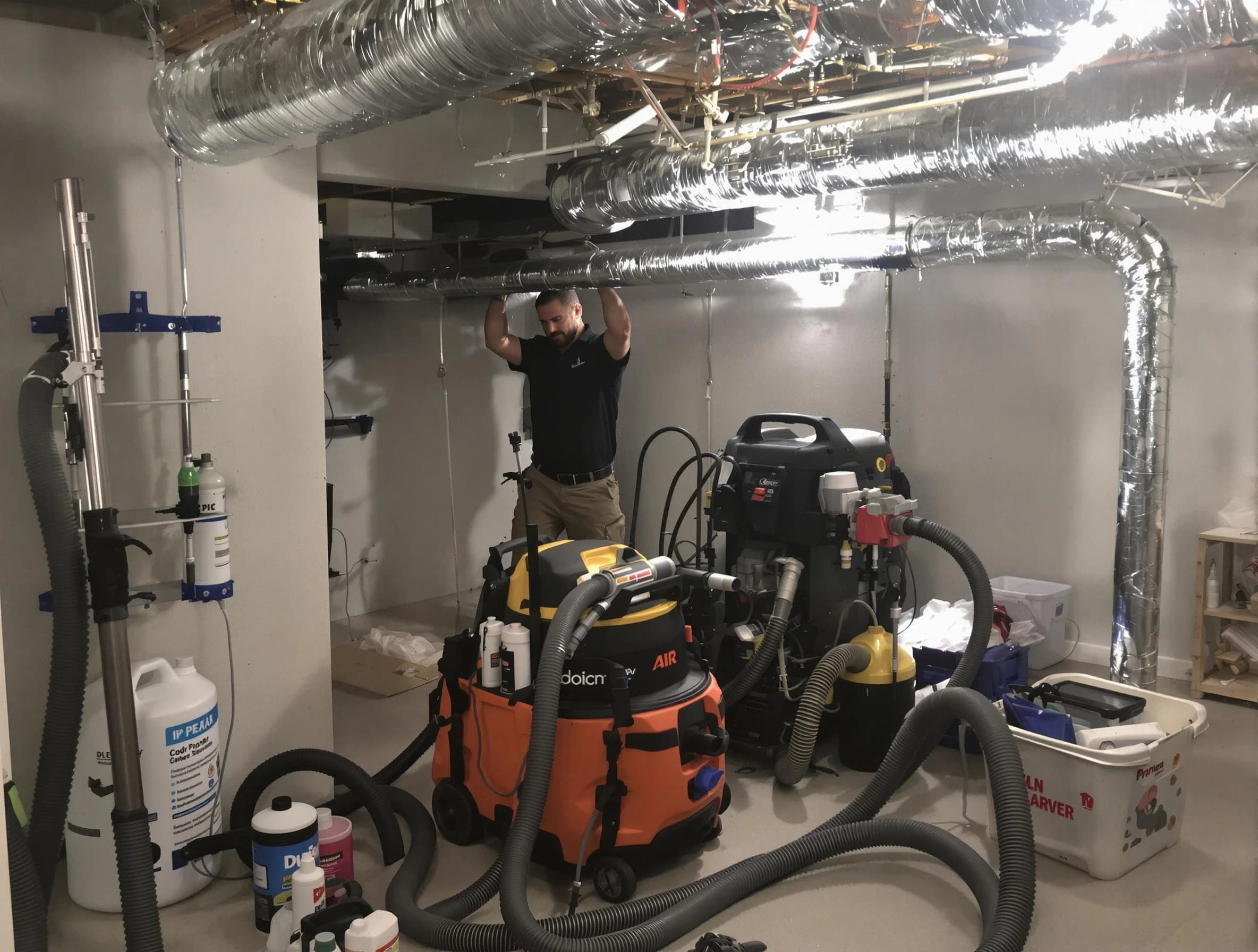 Butler Air Duct Cleaning specialist performing professional mold removal from air ducts using safety equipment in Butler