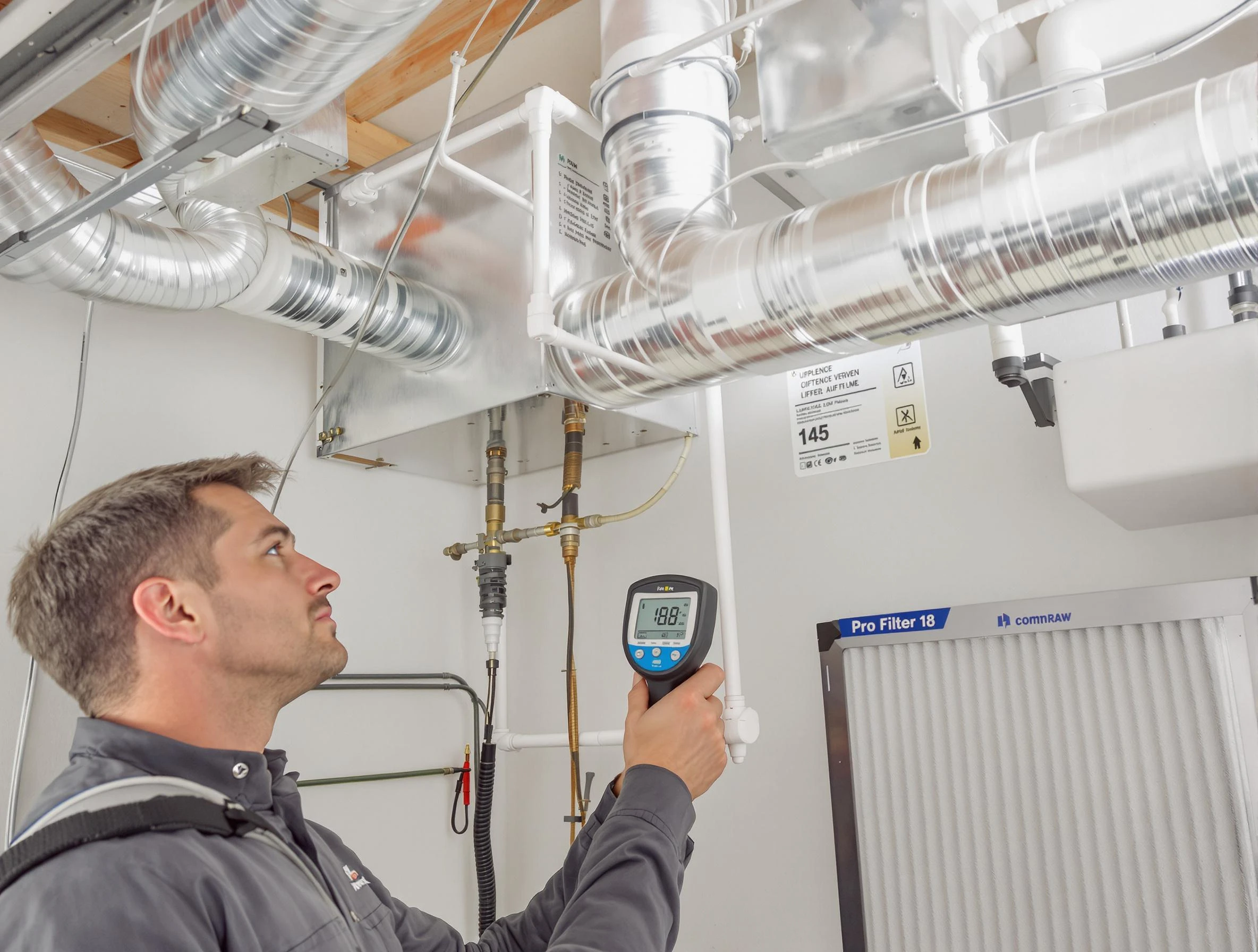 Butler Air Duct Cleaning expert conducting detailed filter system inspection using diagnostic tools in Butler