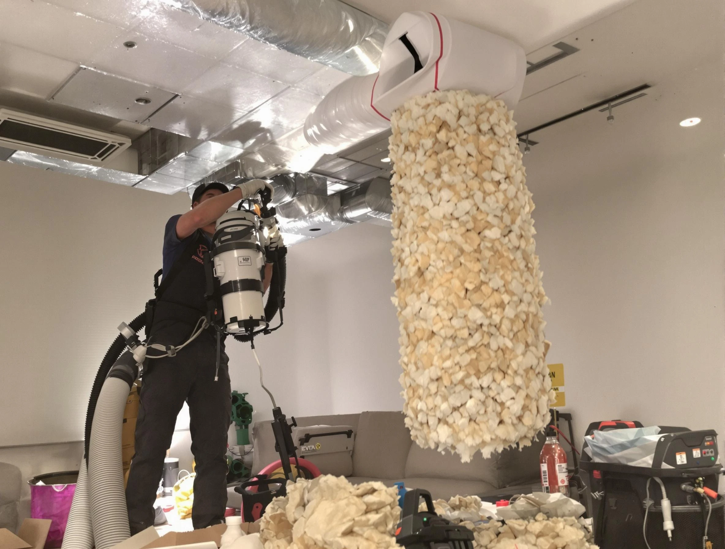 Butler Air Duct Cleaning technician performing precision vacuum insulation removal in a residential property in Butler